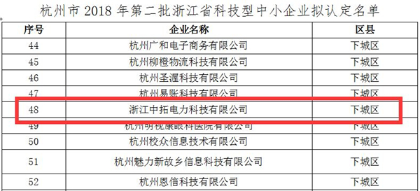 中拓电力被评为“浙江省科技型中小企业”